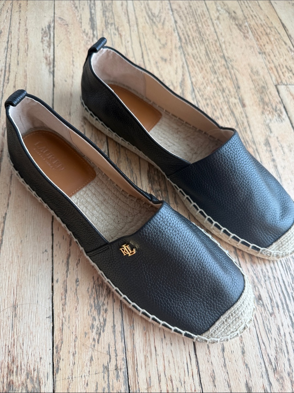 NWOB Ralph Lauren Black Leather Espadrille Slip-Ons with Gold Logo 9 - Picture 2 of 4